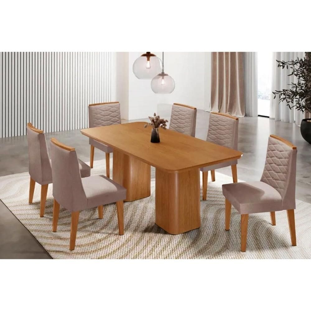 Sala Jantar Mesa Maldivas Tampo Curvo 180cm+6 Cadeiras Maldivas Madeira Naturale - Capuccino/Linho Capuccino - Rufato