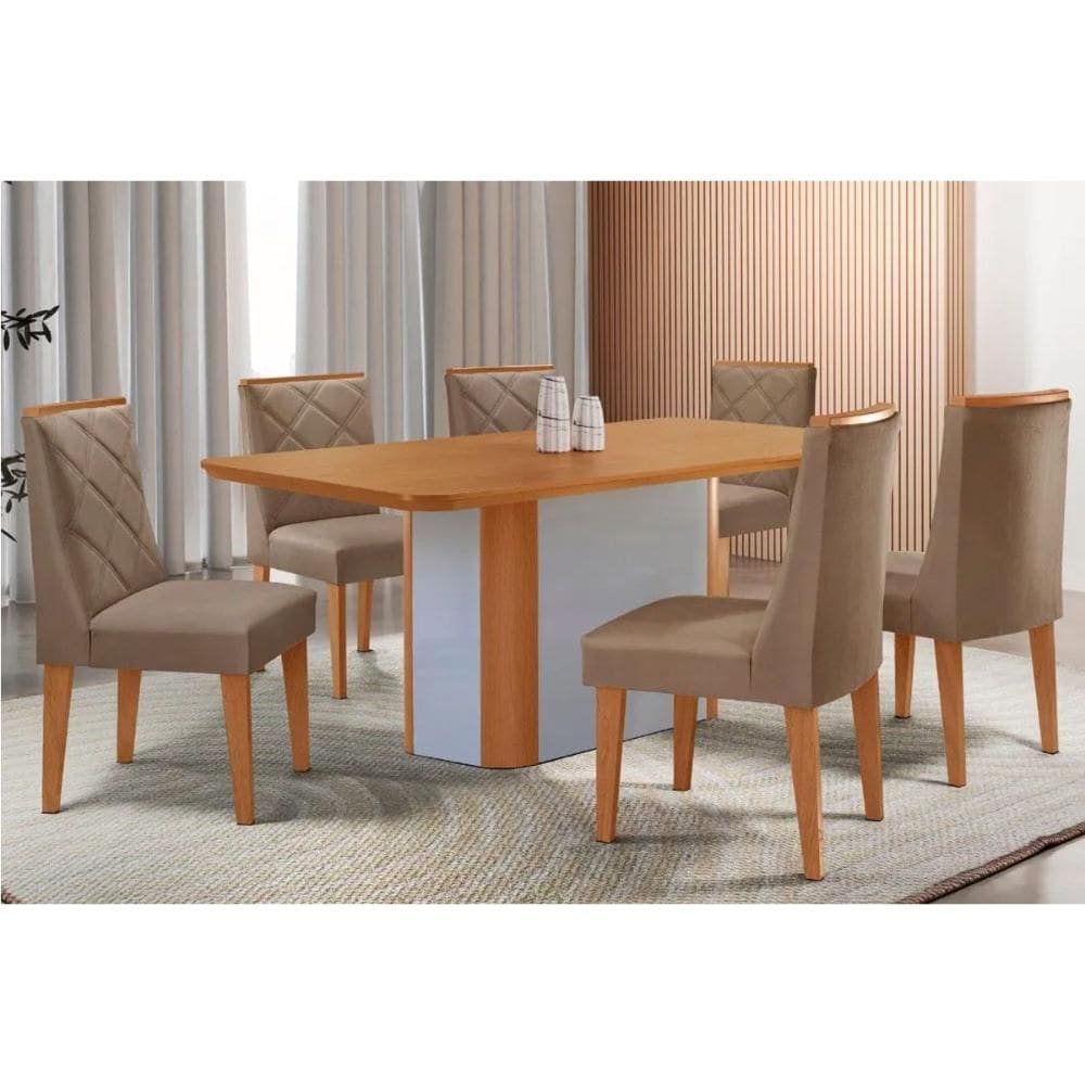 Sala Jantar Mesa Pietá Tampo Curvo 180cm+6 Cadeiras Pietá Madeira Naturale/Off White - Capuccino/Suede Capuccino - Rufato