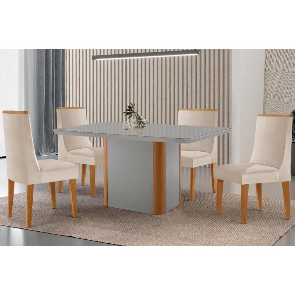 Sala Jantar Mesa Pietá Tampo c/ Vidro Curvo 120cm+4 Cadeiras Dakota Madeira Naturale/Off White - Capuccino/Suede Creme - Rufato