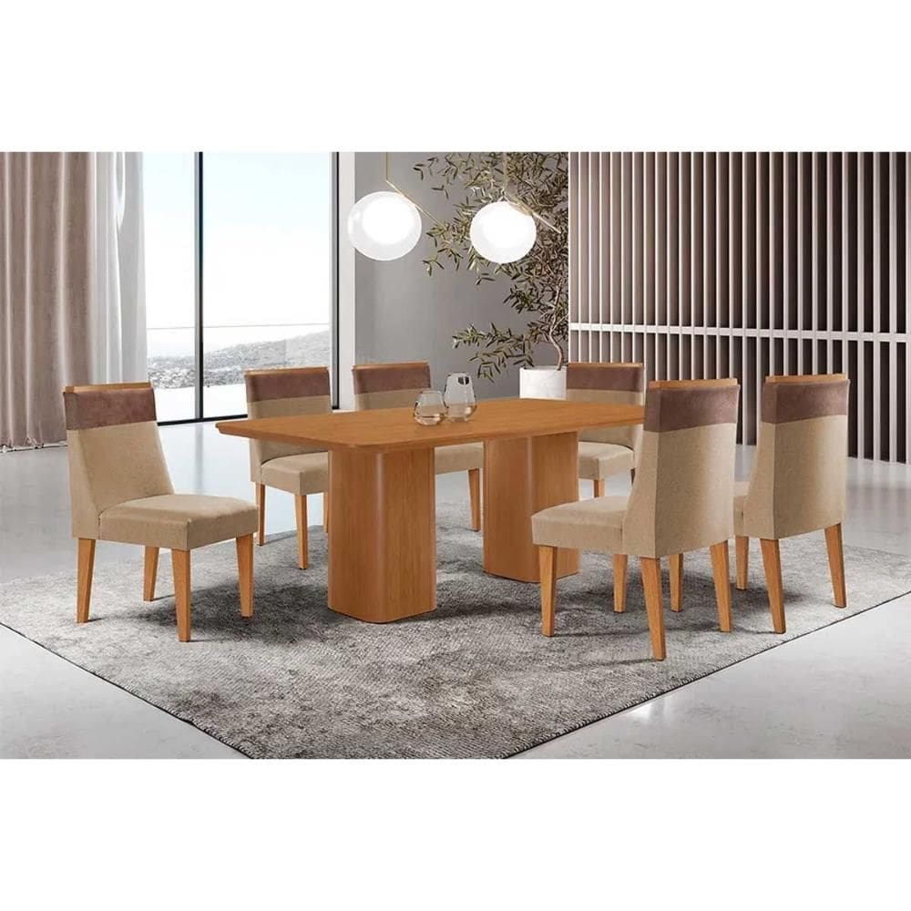 Sala Jantar Mesa Maldivas Tampo Curvo 180cm+6 Cadeiras Jaspe Madeira Naturale - Capuccino/Linho Bege - Rufato