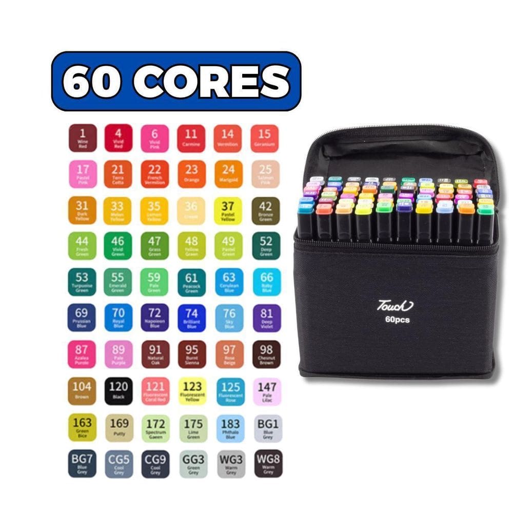 Kit Estojo De 60 Canetas Marcadoras Coloridas Ponta Dupla