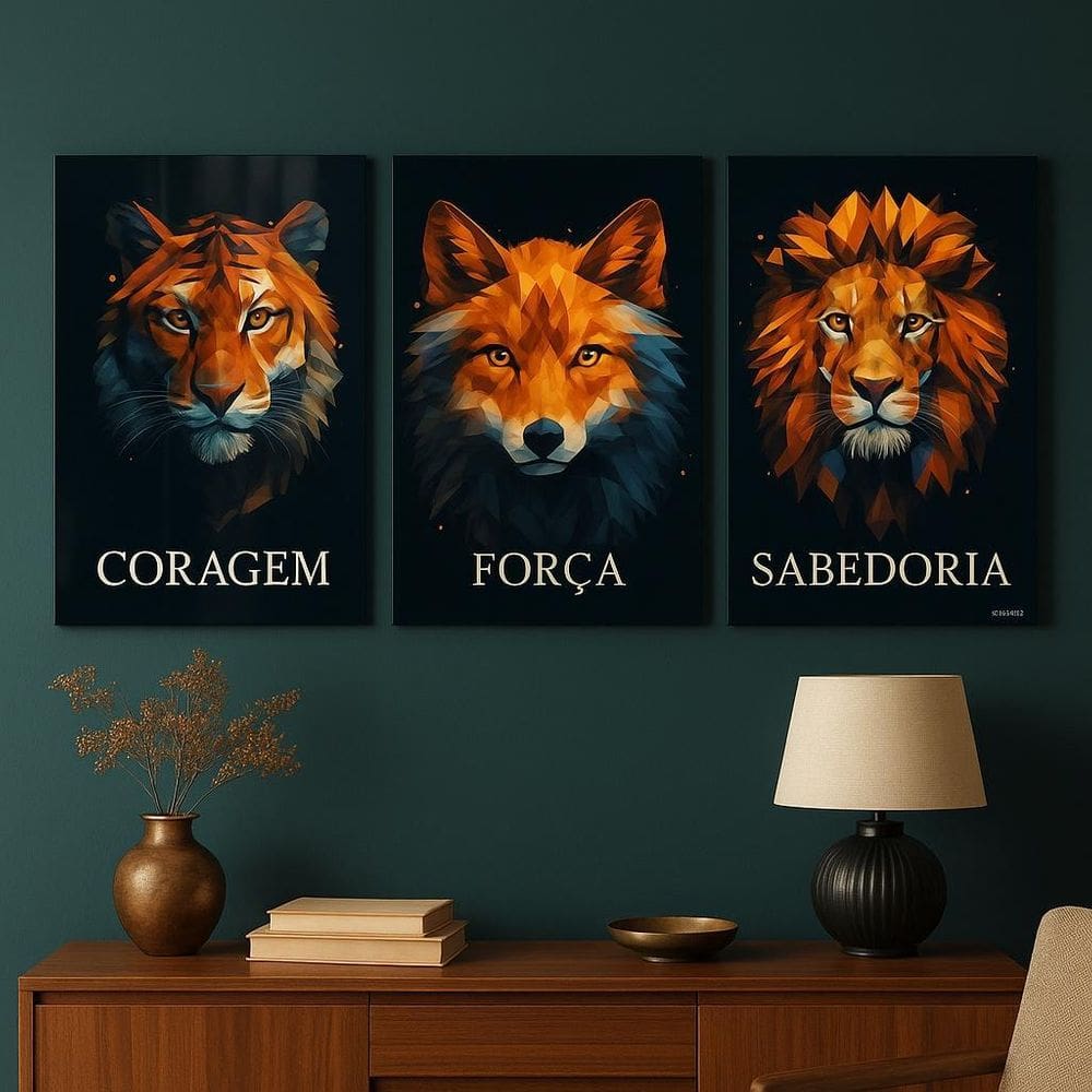 Kit 3 Quadros Motivacionais - Coragem, Força E Sabedoria 45X34Cm - Com Vidro