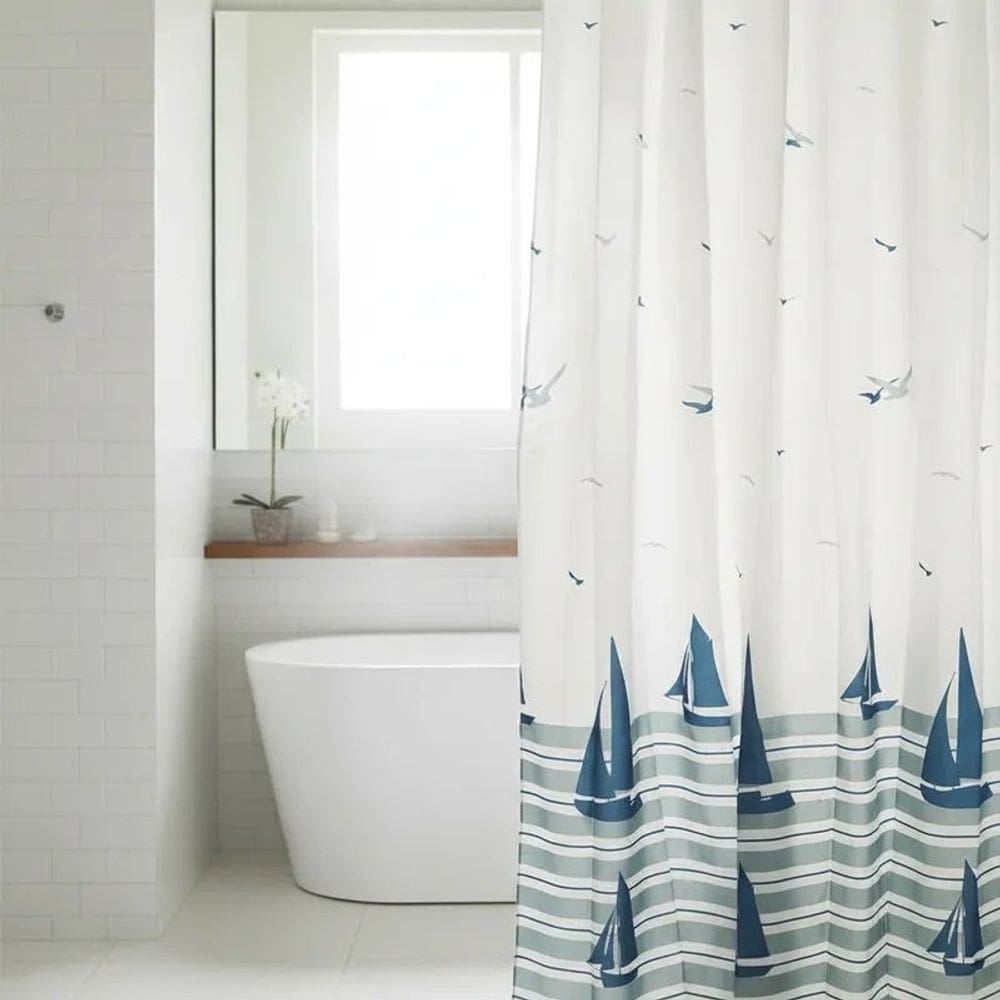 Cortina Para Box Banheiro Antimofo Poliéster 198x180cm - Barco Azul