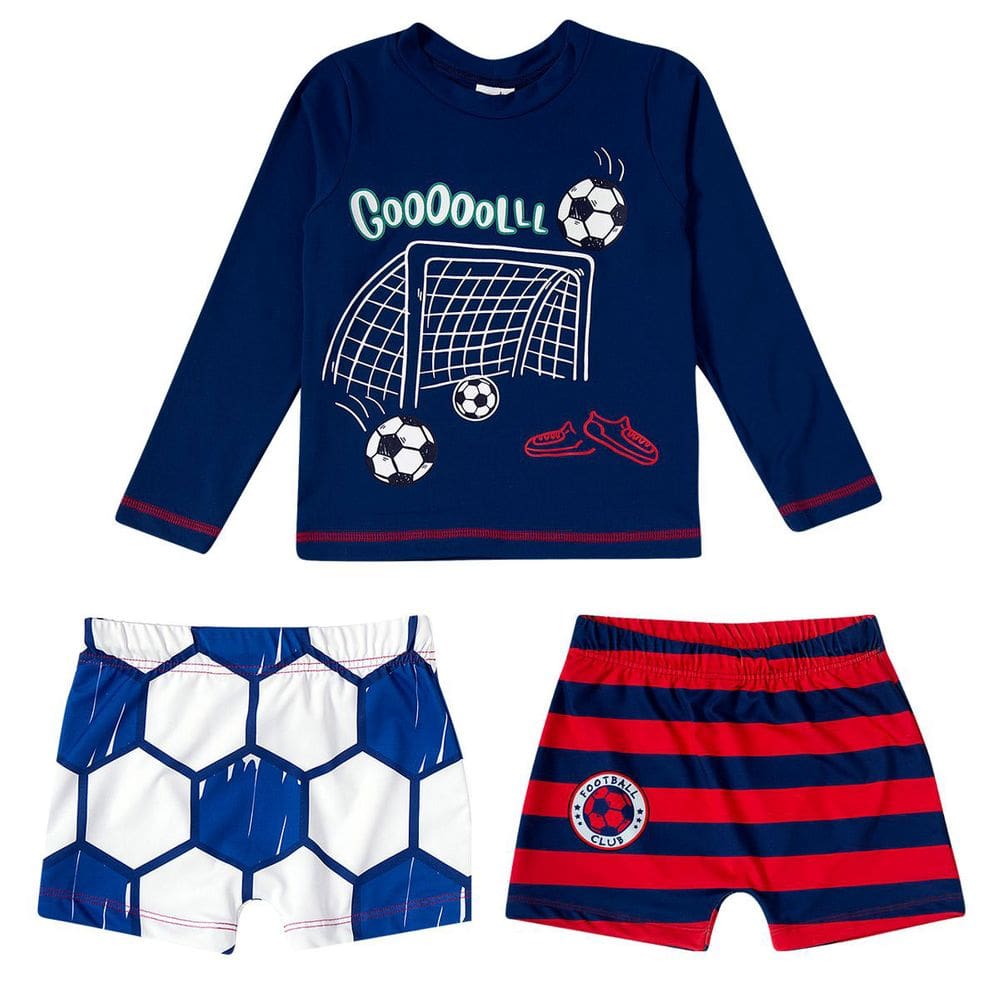 Conjunto Praia Infantil Menino Proteção UV Camiseta e 2 Sungas Football Marinho Tip Top