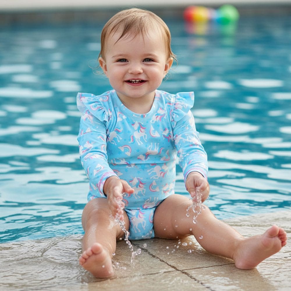 Maiô Infantil Manga Longa Proteção UV 50+ Unicórnios Azul Tip Top