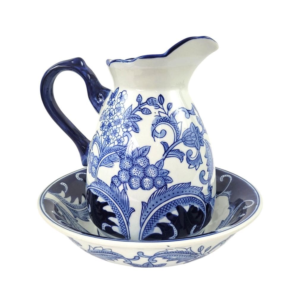 Jarro Com Bacia Decorativo Azul E Branco Vaso Bule