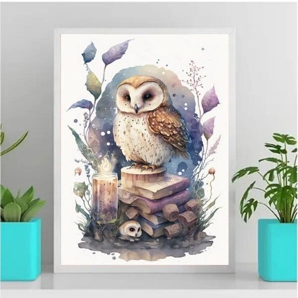 Quadro Coruja Aquarela 45x34cm - Decoração Quarto/Sala