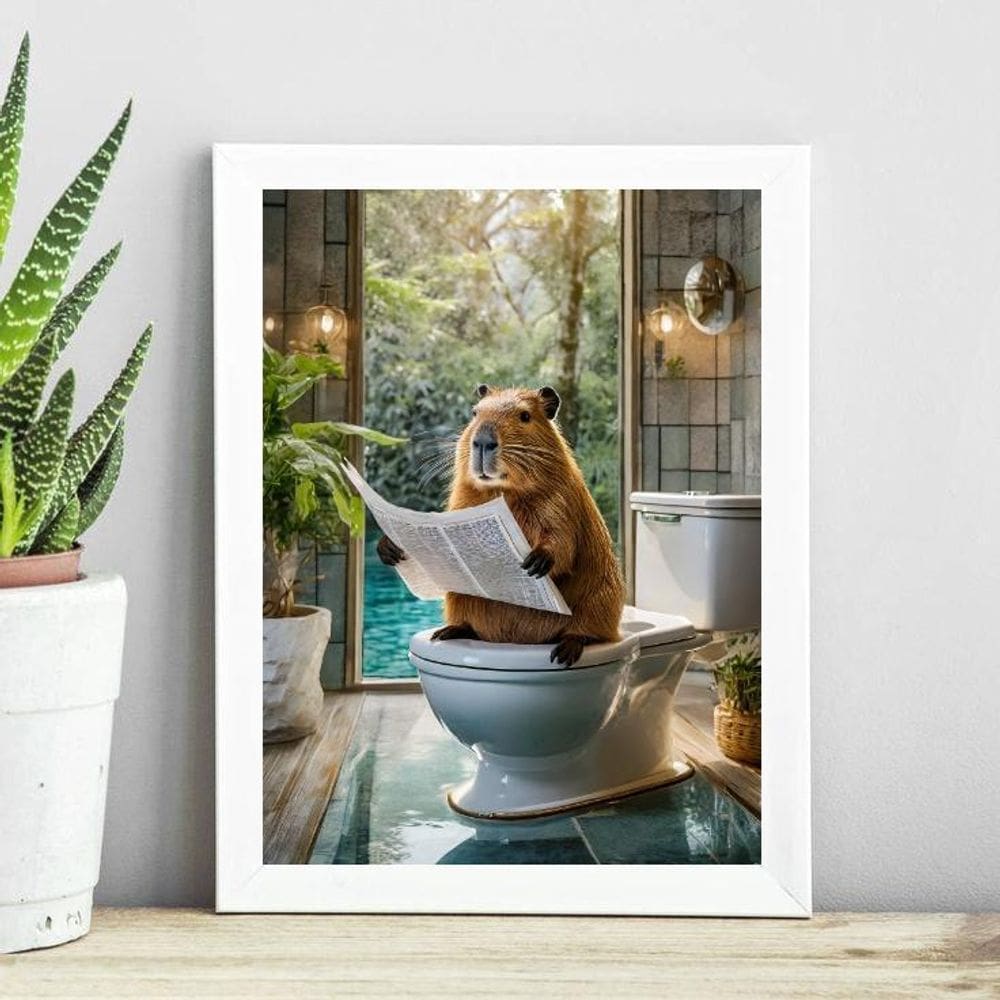 Quadro Capivara No Banheiro Lendo Jornal 24X18Cm - Com Vidro