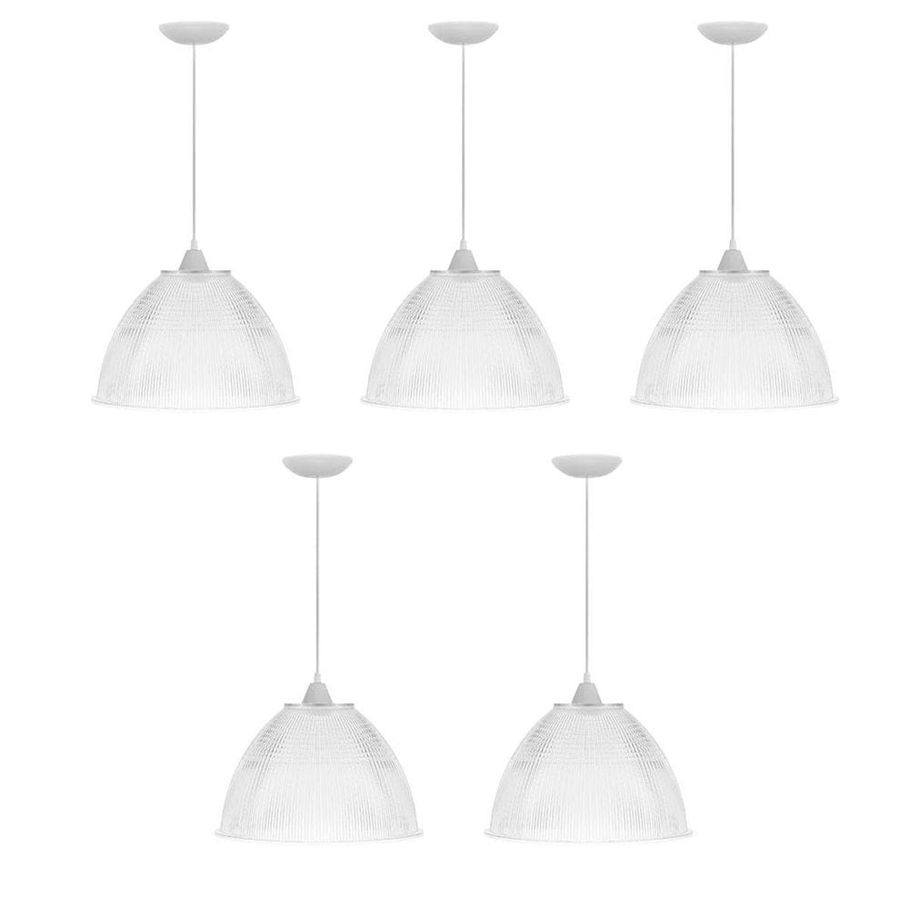 Kit C/5 Lustre Pendente Industrial Galpão Prismatico Branco