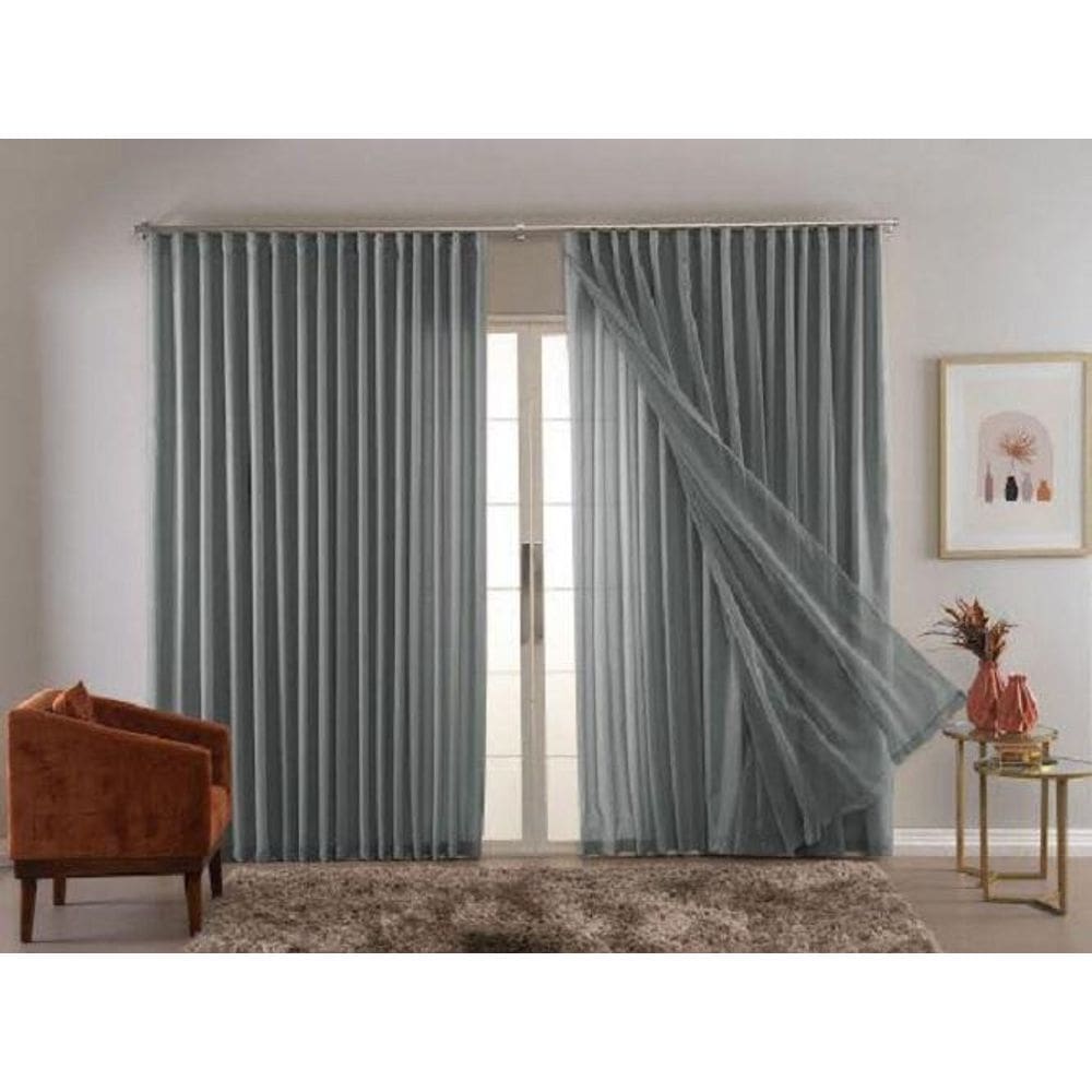 Cortina Trilho Suiço Duplo Forro Com Linho Cinza 6.00 X 2.70