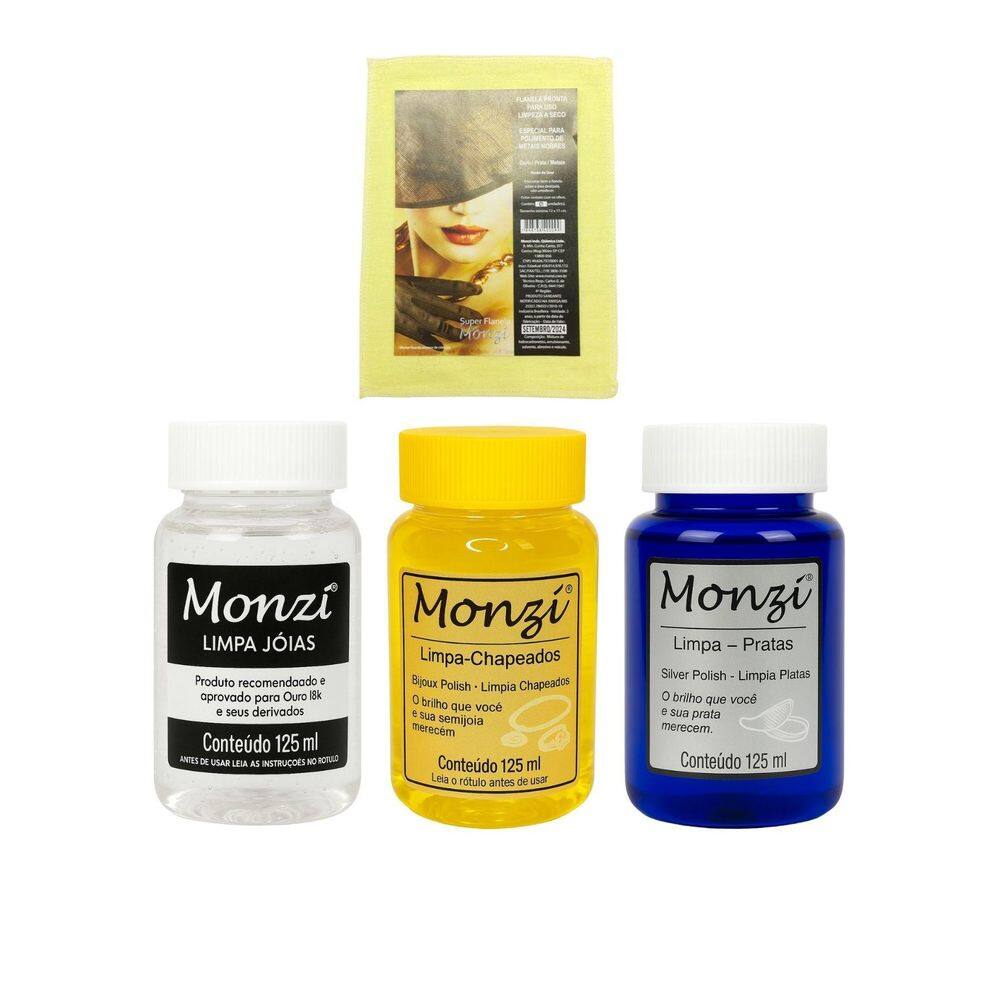 Kit Completo 3 Monzi 125Ml Limpa Chapeados Prata Ouro + 1