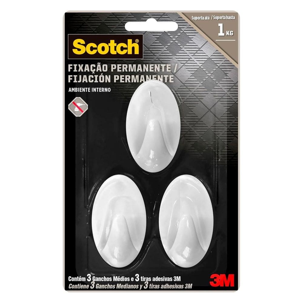 Scotch 3M Gancho Adesivo Fixação Permanente, Sem Furos 3Un