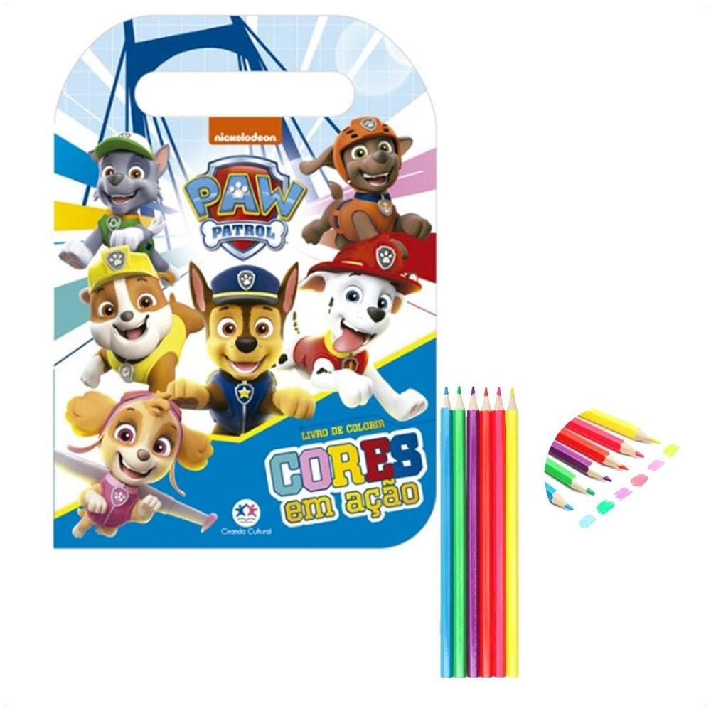 Kit 1 Livro De Colorir Paw Patrol E 6 Lápis De Cor Neon