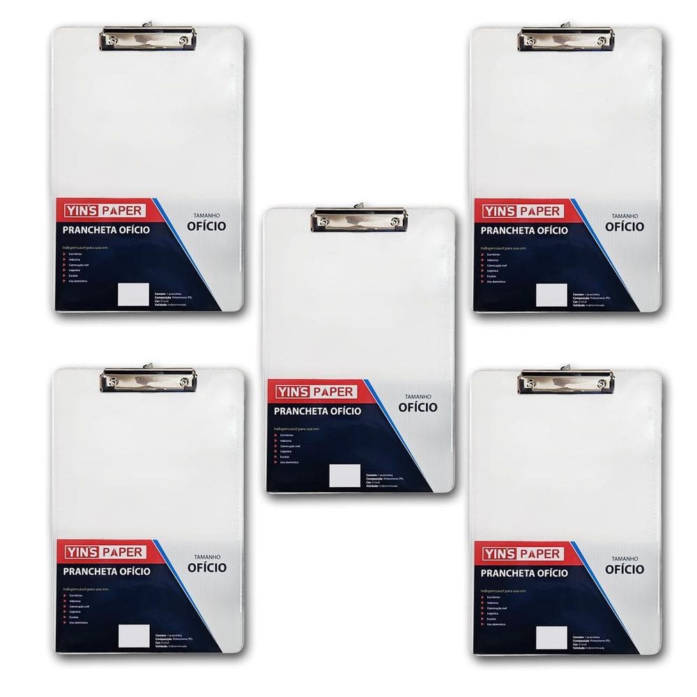 Kit 5 Prancheta Ofício Cristal Transparente Predendor Metal