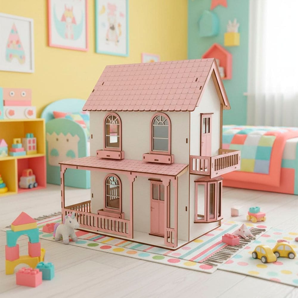 Casinha De Boneca Miniatura Rosa Branco Em MDF Polly De 38cm
