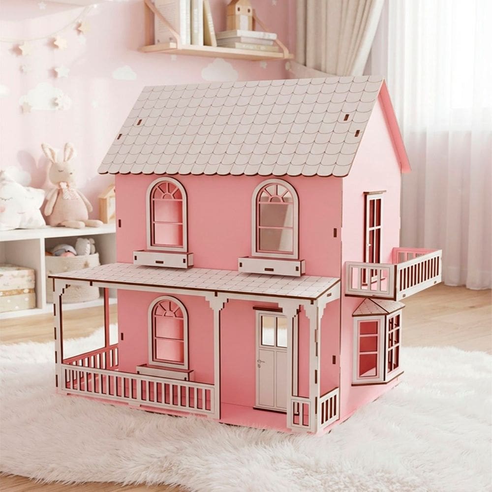 Casinha Boneca Rosa Branco Miniatura MDF Barbie Polly 38cm