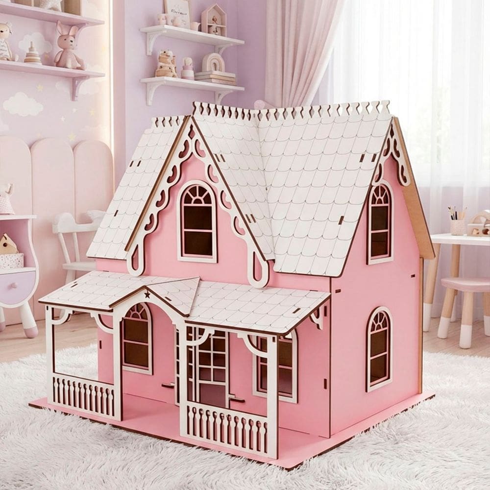 Casinha Boneca Rosa Branco Miniatura MDF Barbie Polly 34cm