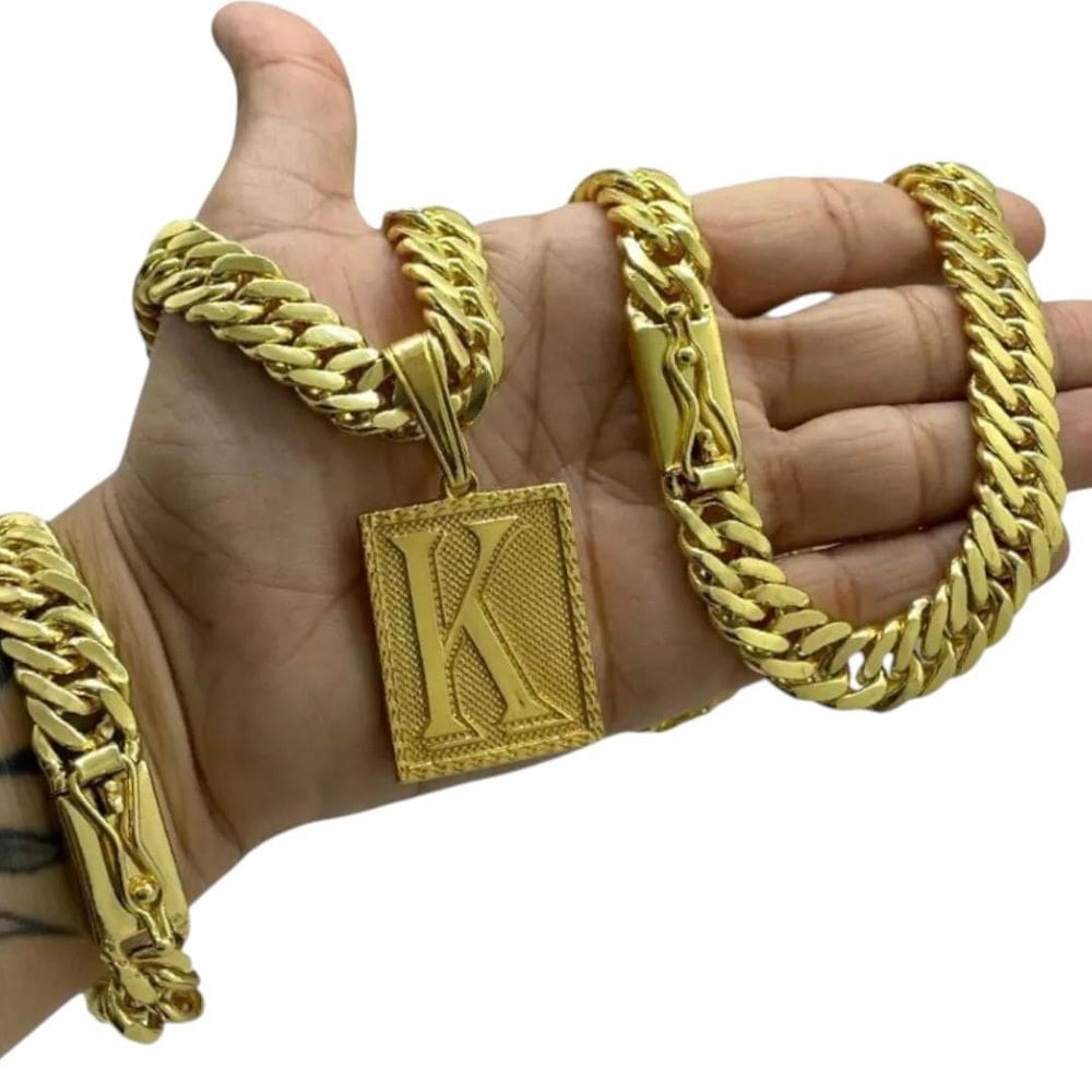 Cordão + Pulseira 13Mm Grumet + Letra - Banhado A Ouro