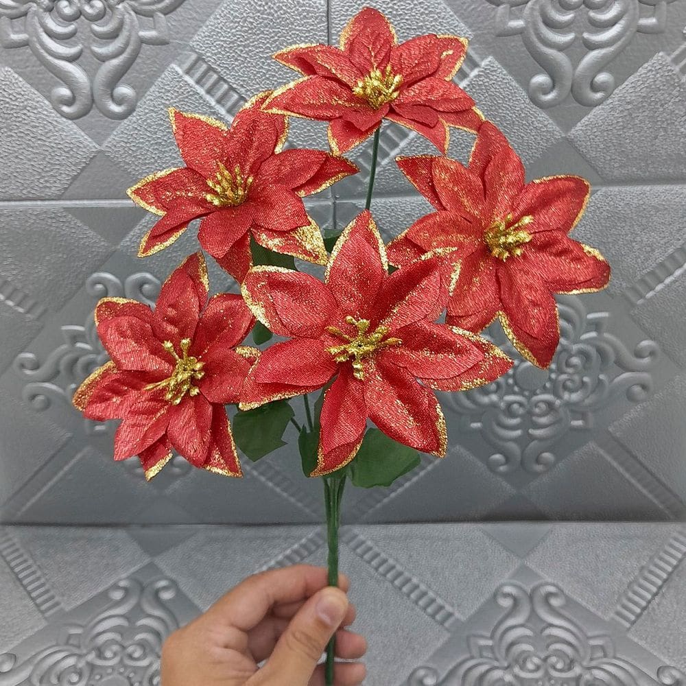 Buquê 5 Galhos Poinsetia Vermelho Natalino De 30cm Kit 12pçs