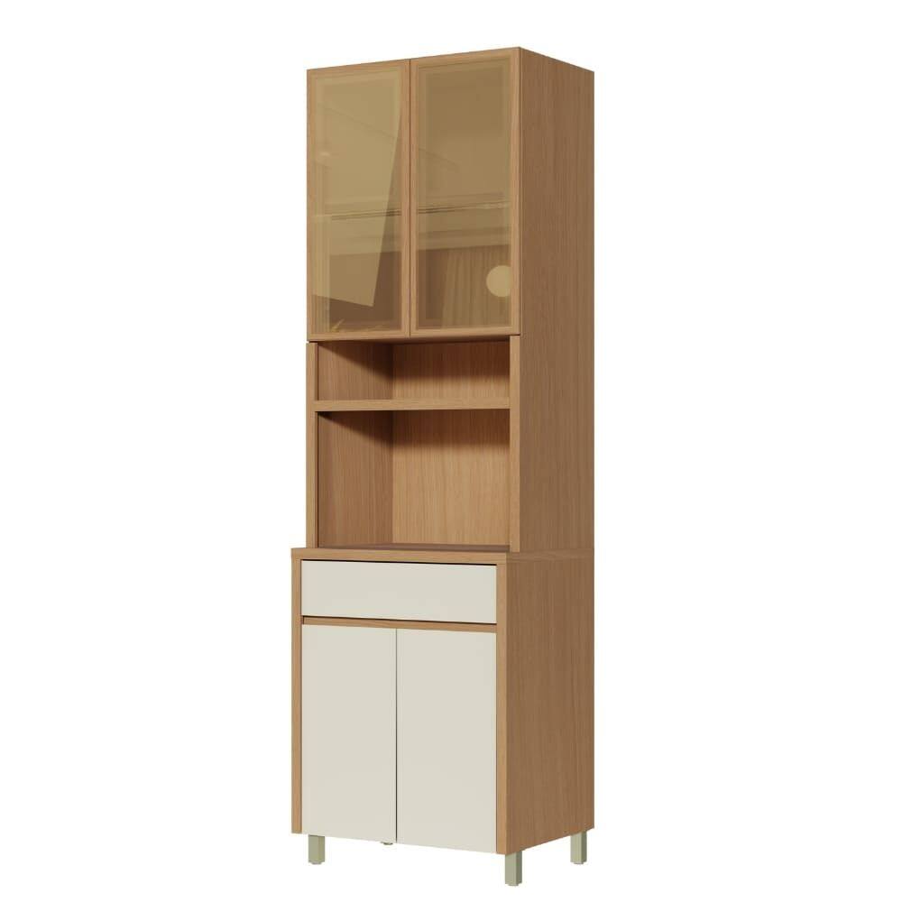 Armário De Cozinha Paneleiro Com Vidro Reflecta 4 Portas 1 Gaveta 100% Mdf Cléo Madeirado/Off White Nesher