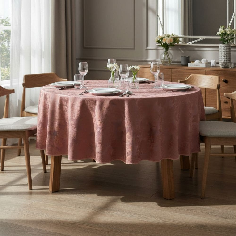 Toalha de Mesa Redonda 1,60m Tecido Jacquard Rosa 58% Algodão 42% Poliester