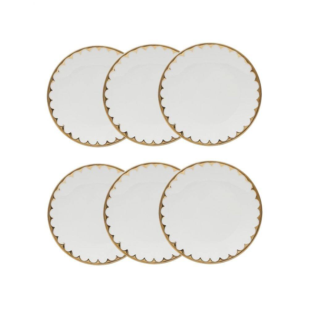 Cj 6 Pratos para Sobremesa de Porcelana EGG Branco/Dourado 19cm Wolff