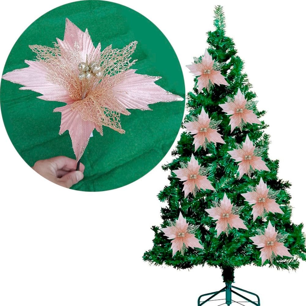 Flores Árvore De Natal Rosa Com Gliter Dourado 23cm Kit 6pç