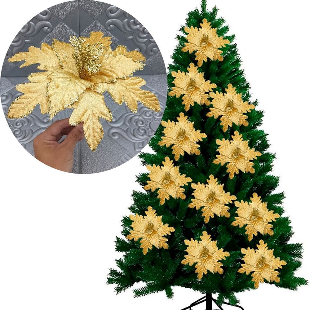 Flores Ramos Arranjo Enfeite Natalino Dourado 20cm Kit 8pçs