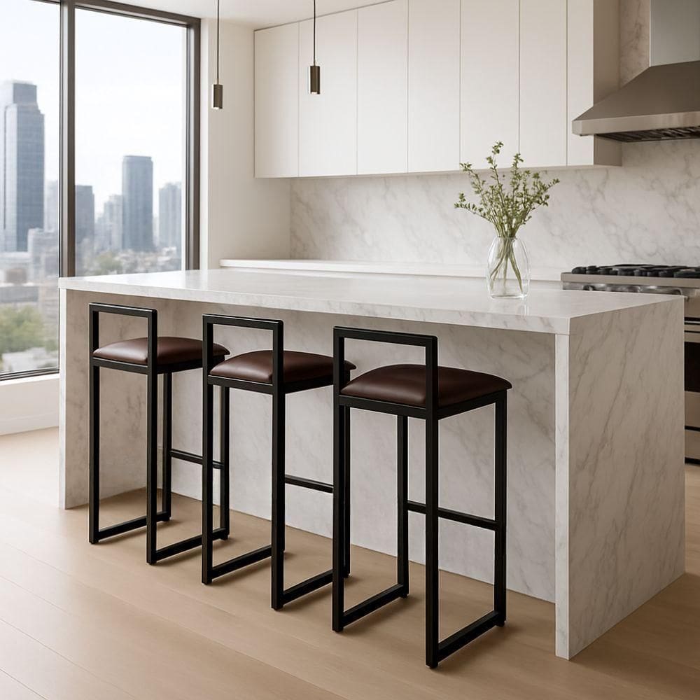 Kit 3 Banquetas Corino Ferro Cozinha Balcão Alta Bistro Marrom
