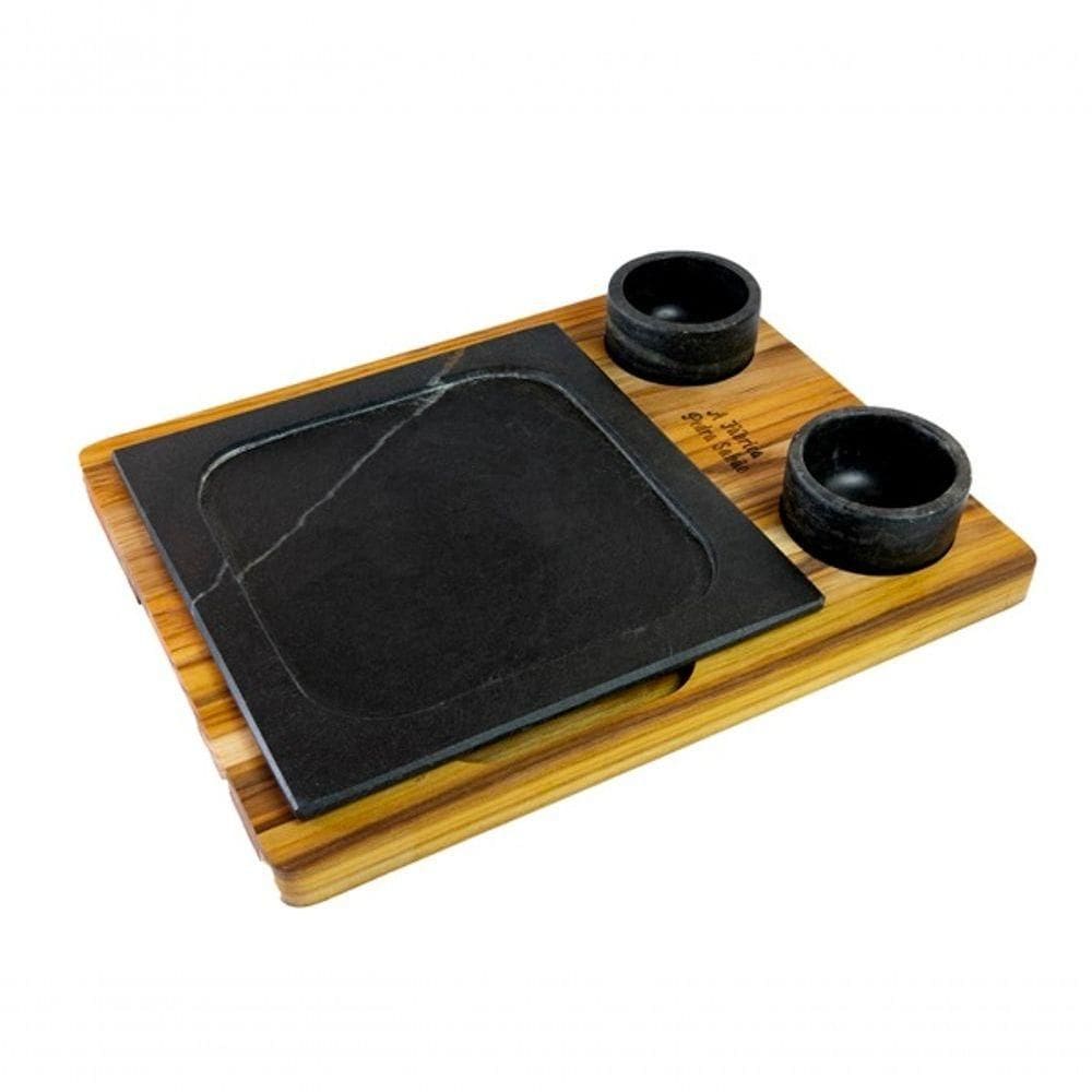 Prato Quadrado E Duas Cumbucas Com Suporte De Madeira 25x25cm