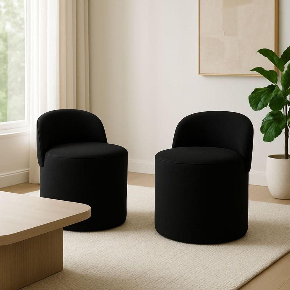 Kit 2 Puff Encosto Suede Redondo Sala Banco Orgânico Quarto Preto