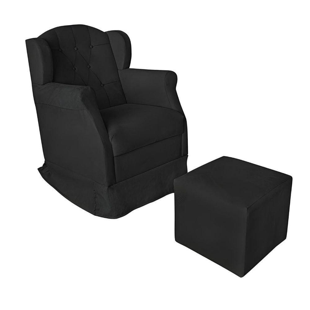 Poltrona Amamentação Com Balanço E Puff Luxo Suede Manuela Preto