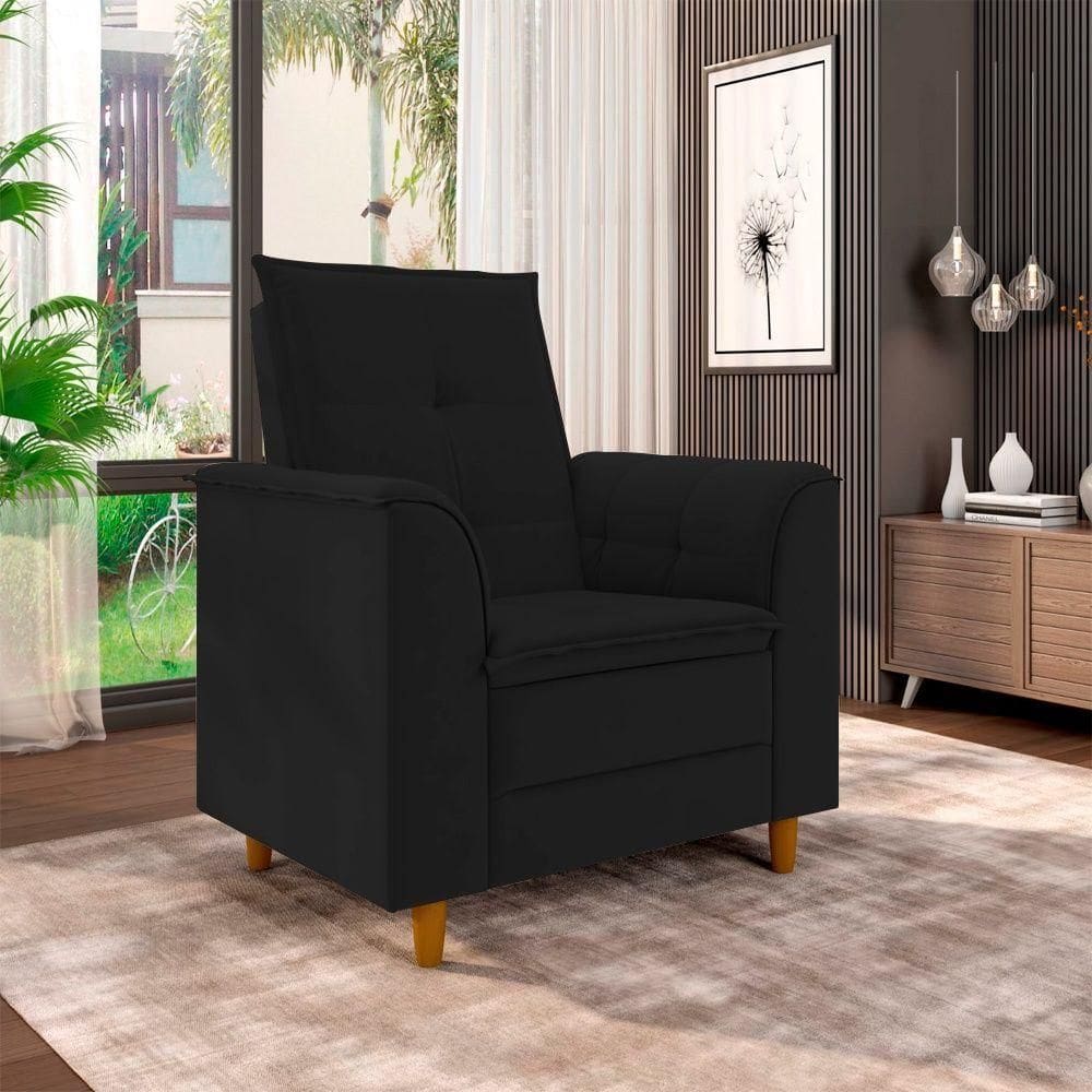 Poltrona Para Sala Confortável Decorativa Londres Suede Preto