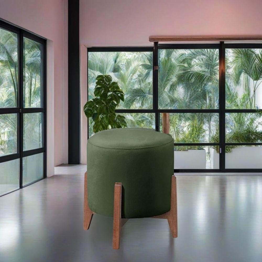 Puff Estofado Decorativo Redondo Sala De Estar Londres Suede Verde