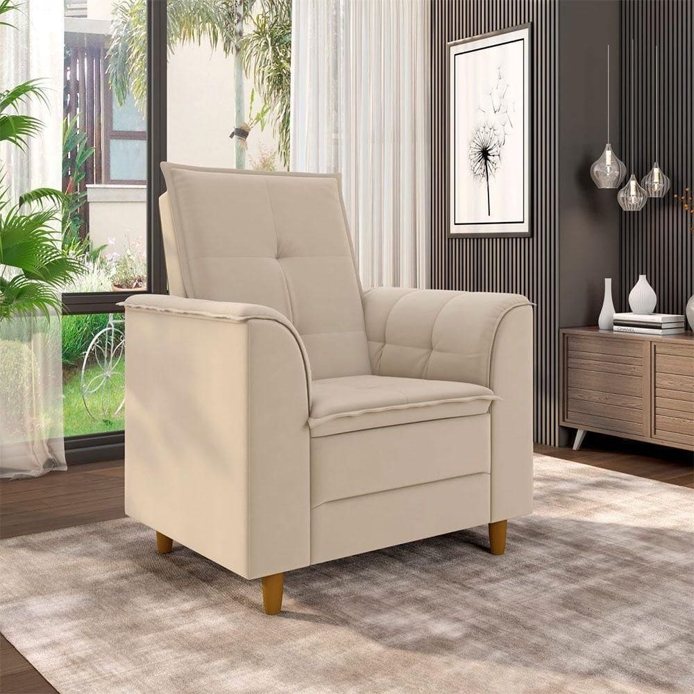 Poltrona Para Sala Confortável Decorativa Londres Linho Bege