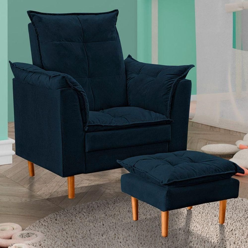 Poltrona De Amamentação Com Puff Quarto Bebê Suede Azul Marinho