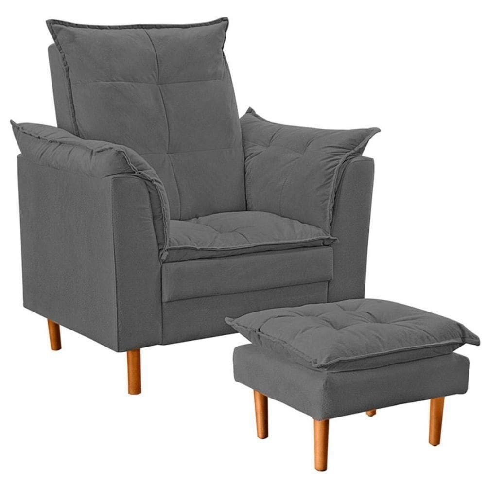 Poltrona De Amamentação Quarto De Bebê Com Puff Melina Suede Cinza