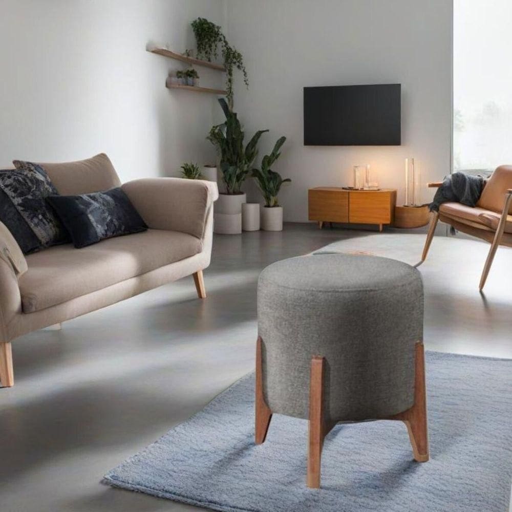 Puff Estofado Decorativo Sala Redondo Luxo Londres Linho Cinza