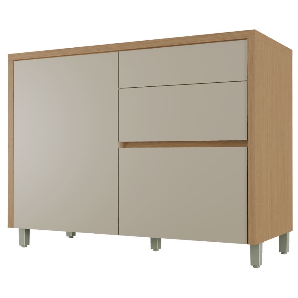 Balcão Gabinete de Cozinha 1,20m 1 Porta 3 Gavetas 100% Mdf Cléo Madeirado/Off White Nesher