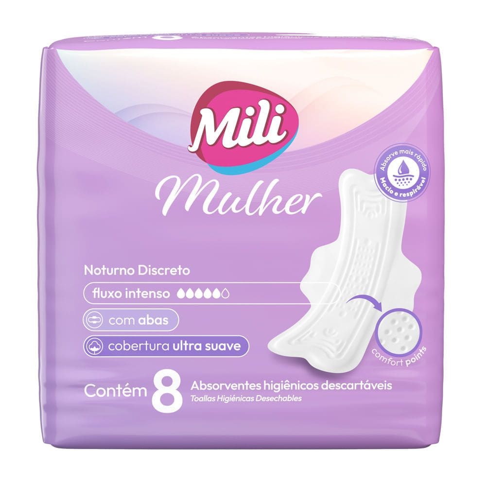 Absorvente Mili Mulher Noturno Discreto Fluxo Intenso Ultra Suave com Abas 8 Unidades