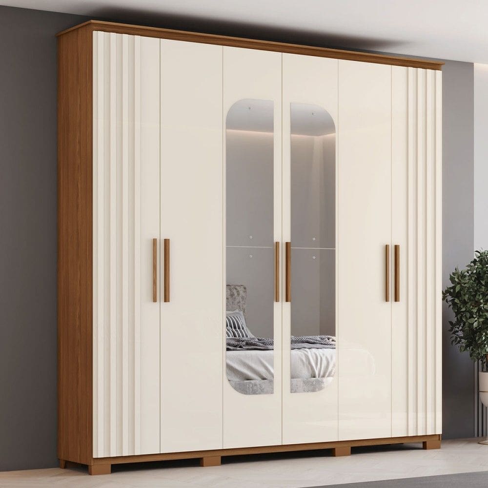 Guarda-Roupa Casal ávila 6 Portas 4 Gavetas com Espelho Natural/Off White - Henn