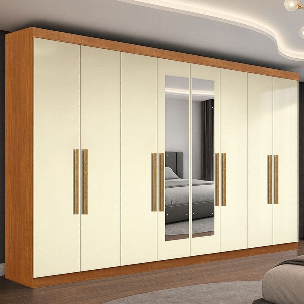 Guarda-Roupa Casal German 8 Portas 4 Gavetas com Espelho Cinamomo/Off White - Maxel