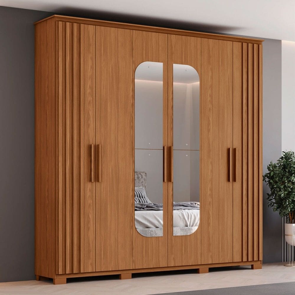 Guarda-Roupa Casal ávila 6 Portas 4 Gavetas com Espelho Natural - Henn