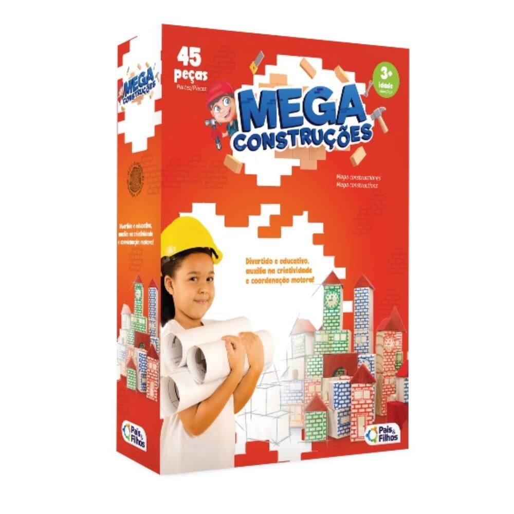 Jogo Infantil Mega Construções Bloco Madeira Educativo 45 Peças Infantil Pais e Filhos