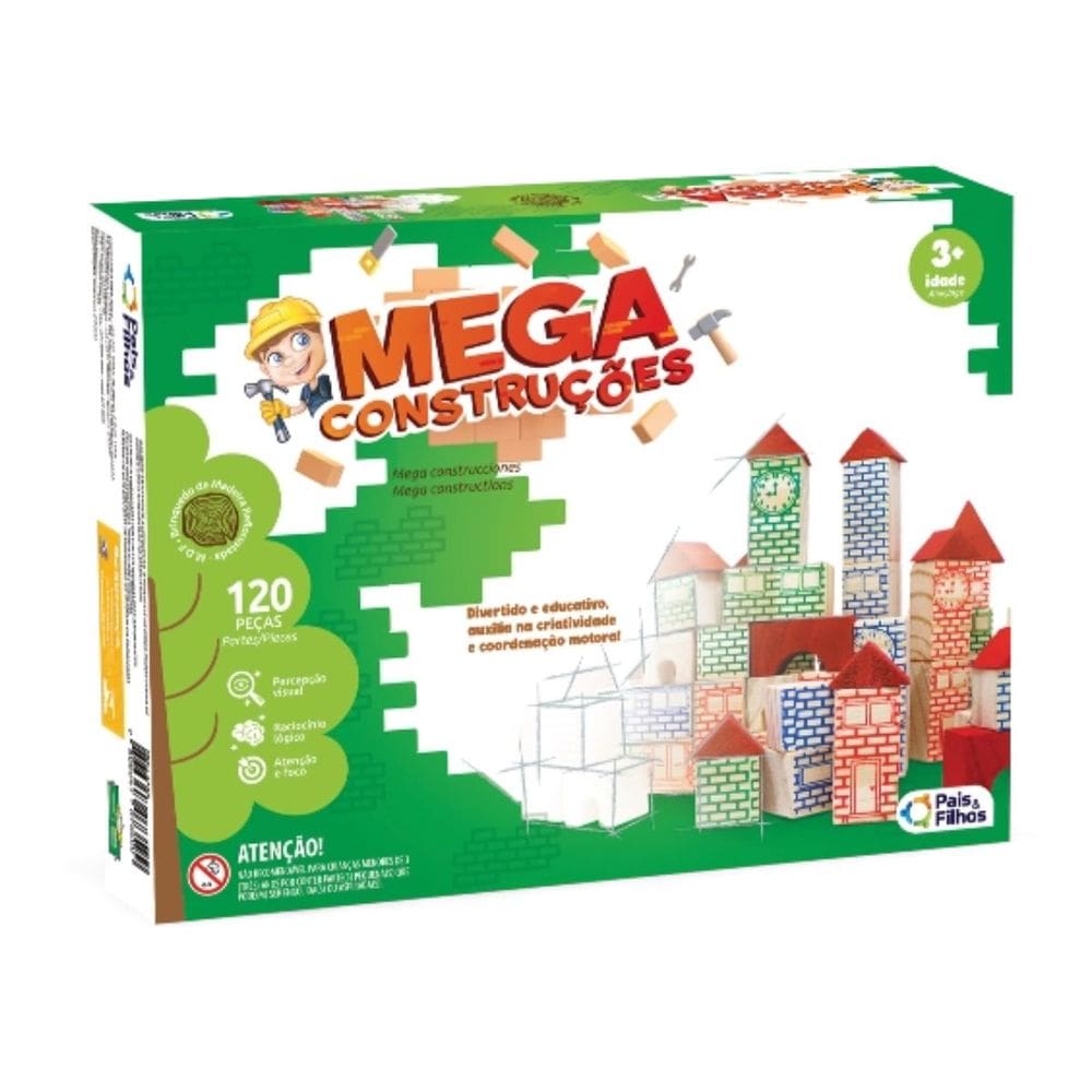 Jogo Infantil 120 Peças Blocos Madeira Mega Construções Lógica Criatividade Pais e Filhos