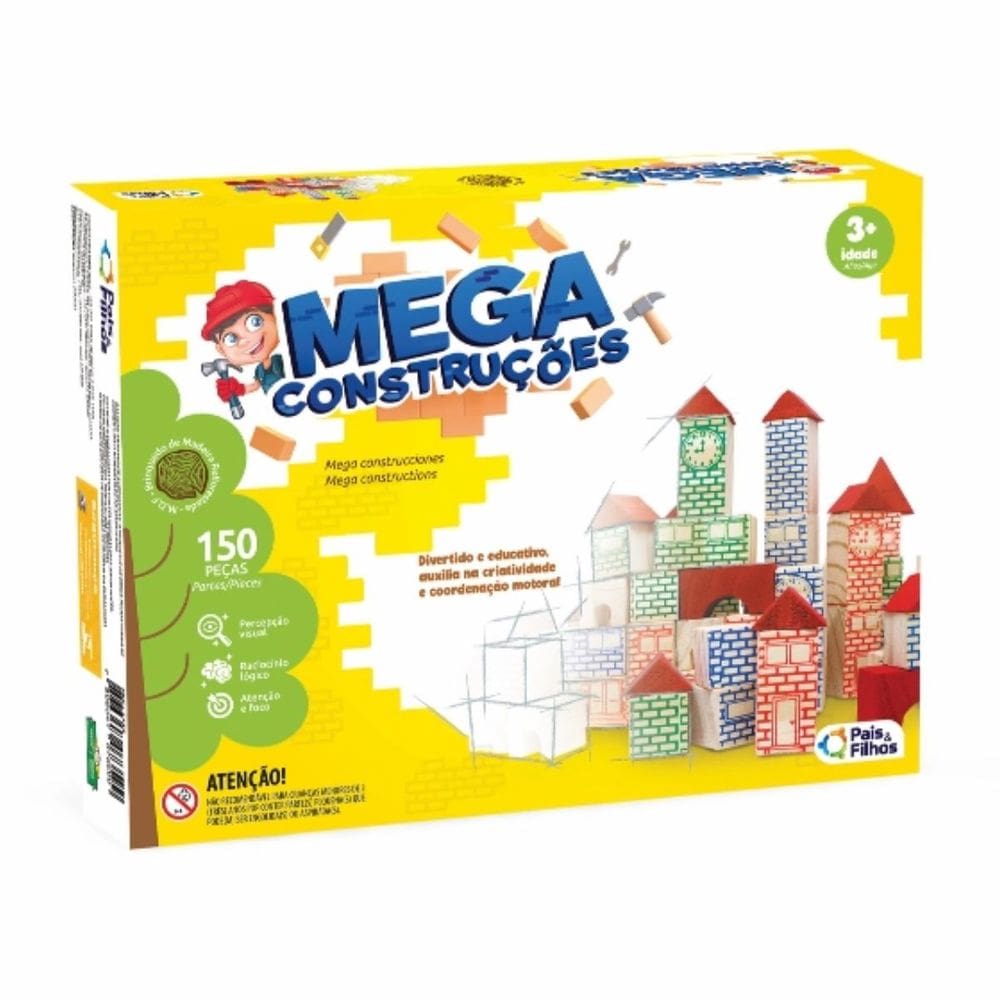 Jogo de Madeira Mega Construções 150 Peças +3 Anos Infantil Pais e Filhos