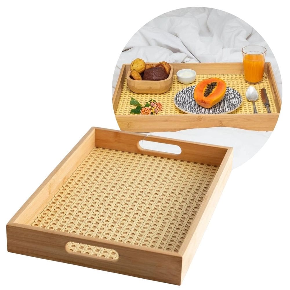 Bandeja Retangular Bambu Palha Trançada Premium 40x28cm Multiuso - Fratelli