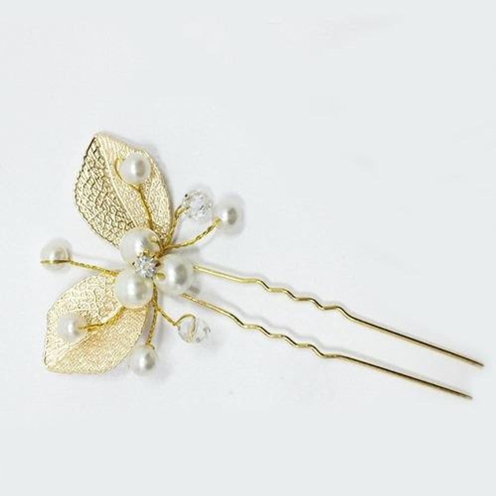 2 Arranjo Enfeite Aplique Dourado Cabelo Noiva Perola Dama