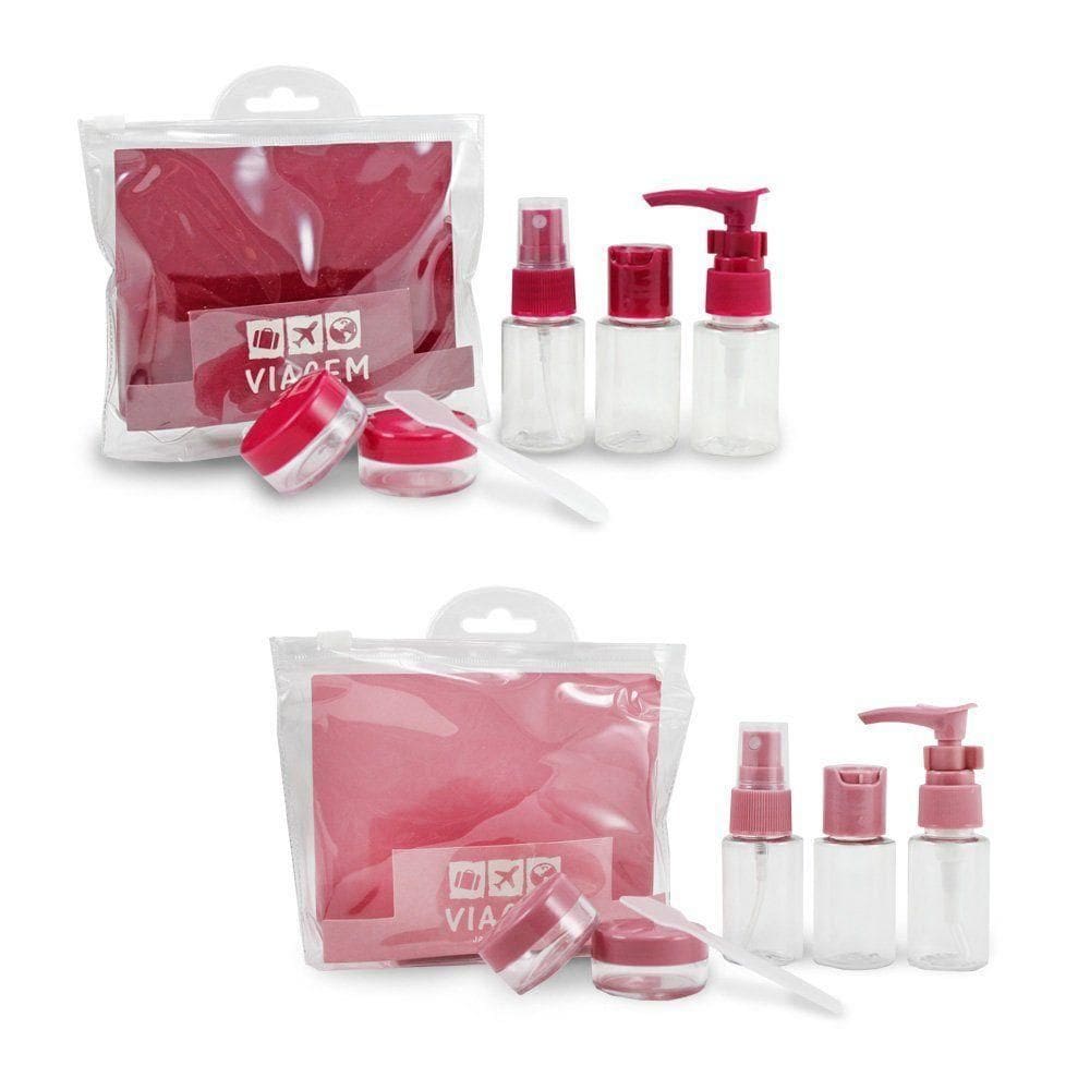 2 Kit De Frascos P/ Viagem De 7 Peças - Jacki Design Vinho / Rosa