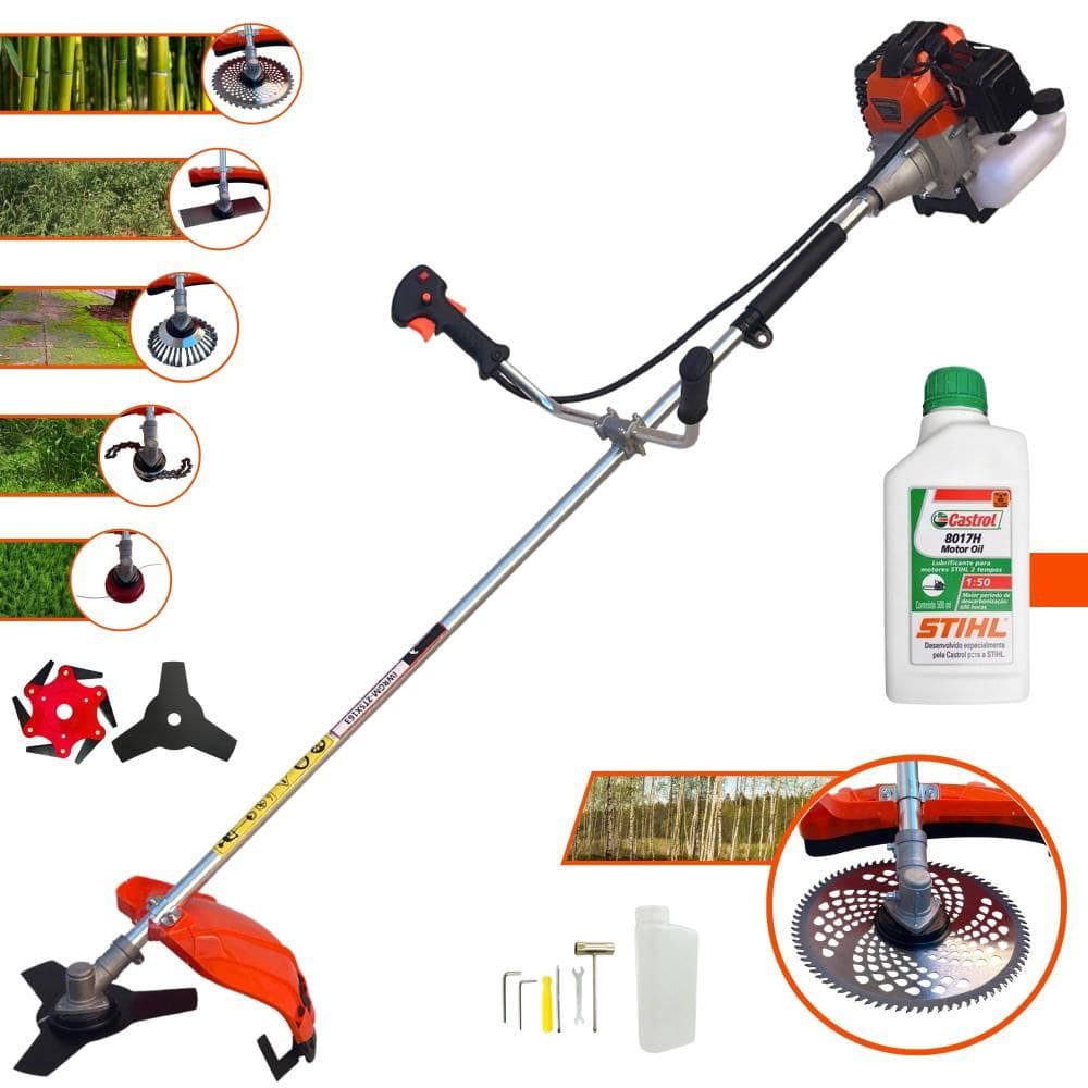 Máquina de Cortar Grama À Gasolina Import Way IWRGM2T5X163 63cc 3HP de Potência 7.500rpm Roçadeira Multifuncional Com 8 Opções de Cortes + Óleo Stihl